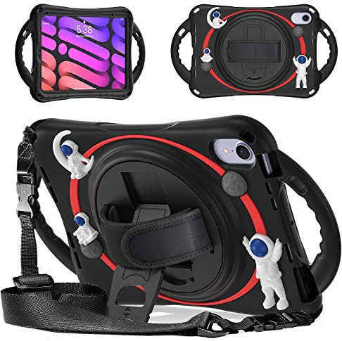 UFinetech Funda iPad Mini 6 A Prueba De Golpes - Ideal Niños - Astronauta Espacial, Correa Giratoria 360°, Mango Antideslizante, Soporte, Correa Hombro Ajustable, Portaplumas - Negro