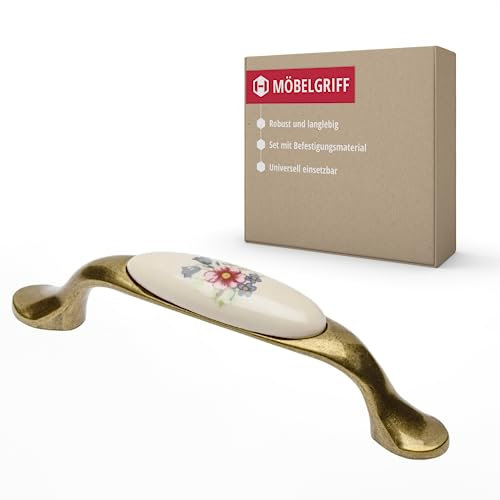Gedotec Möbelgriff aus Porzellan und Metall | 1 Stück | Griffe für Küchenschränke inkl. Befestigungsmaterial | OLGA | Möbelgriffe Messing antik Blume mit BA 96 mm | Türgriffe