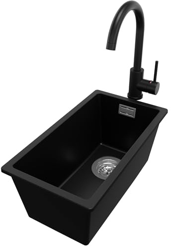 PRIMAGRAN Granitspüle ab 30er Unterschrank + Küchenarmatur, 26x47cm | Set: Küchenarmatur BW5010 + Ablauf-Set (Siphon, Ablaufgarnitur, Überlauf) + Spülbecken 1 Becken - London Slim, Schwarz