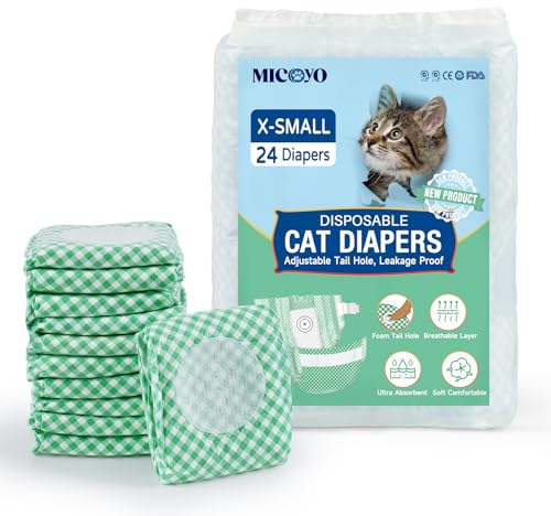 MICOOYO Hundewindeln für Hündinnen, Super Saugfähige Katzen Windeln mit Verstellbaren Schaumstofflöchern, Einweg-Katzen-Windelhosen für läufige Hündinnen(XS, 24Stück)