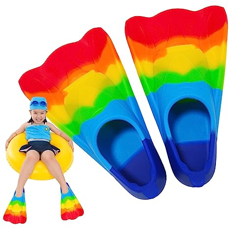 Schwimmflosse, Kinderflossen zum Schwimmen, begehbare Regenbogenflossen, Silikonflossen für schwimmende Kinder, tragbare Flossen zum Schwimmen und Schnorcheln, Flossen kurze Jugendschwimmflosse für Ki