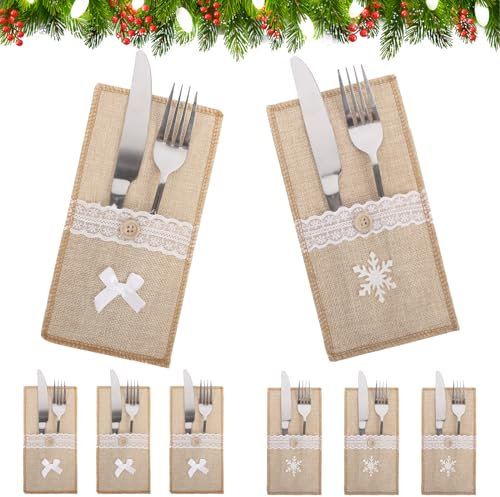 Minicoco 8 Pcs Christmas Cutlery Bag Burlap Lace Utensil Holders Cutlery Suit Set Red Grid Xmas Table Decoration Pattern Pockets for Xmas Tableware Decor Set Dinner Table Supplies (Linen lace)