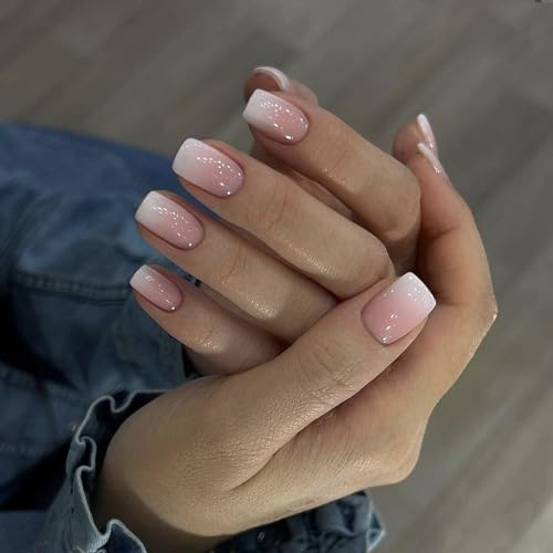 Ceboic 24 Pièces Faux Ongles Carré Court, Français Press on Nails Rose Gradient Ongles à Coller, Ballerine Acrylique Couverture Complète Capsules Ongles pour Femme et Fille