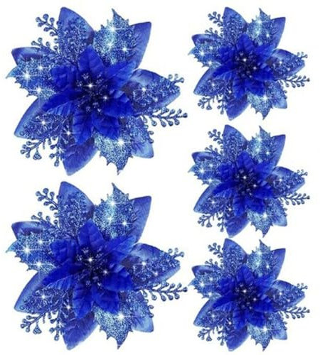 5 decorazioni natalizie scintillanti a forma di fiore in polvere dorata, ornamenti per albero di Natale glitterati, fiori finti scintillanti fatti a mano (blu reale)