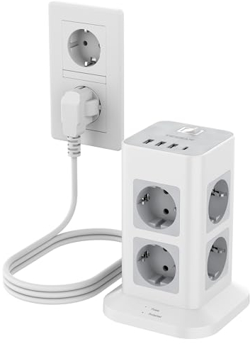 TESSAN Tour Multiprise 8 Sorties AC avec 4 USB, Parafoudre et Surtension avec Interrupteur et 3 Mètre Cable, Prise Électrique 3600W, Adaptateur Secteur pour Cuisine, Bureau, Gris