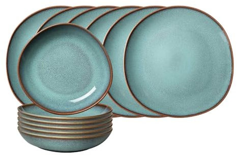 like. by Villeroy & Boch Lave Glacé Tafel-Set 12-teilig, Tafelservice aus Speisetellern (28 cm) und Suppenschalen (21 cm) für 6 Personen, Steingut, Türkis