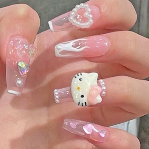 24pcs Stick On Nails - Long Press On Nails With Glue - Coffin False Nails Pink White Kitty Acrylic Nail Designs - Full Cover Acrylic Nail Tips Fake Nails For Women Manicure Home