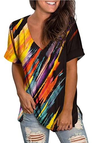HOOUDO Sale Angebote Sale Angebote Lässige, Elegante, Bedruckte Kurzarm-Hemdbluse mit V-Ausschnitt für Damen Kleidung Oberteil Damen Silvester Schwarze Bluse Damen Sexy Dam Sale Angebote Bestellung