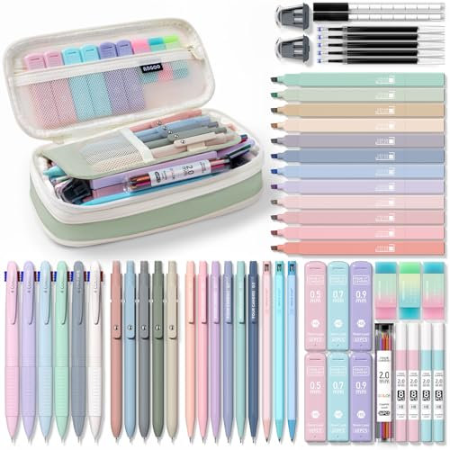 Four Candies 56 PCS Aesthetic School Supplies with Pencil Case, 6 Multicolor Pen, 12 Pastel Highlighters, 5 Gel Pens Black Ink, 9 Mechanical Pencils for Student Stationary Set Preppy Stuff (Green)