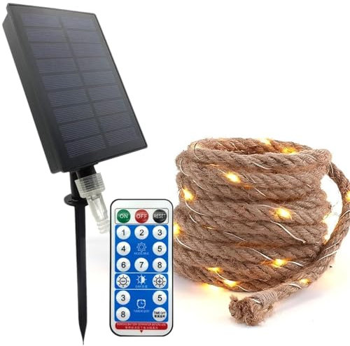 Solar Seil Lichterketten Außen,KINGCOO Wasserdichte Warmweiß Vintage Hanf Fee Kupferdraht Gartenleuchte Dekorative Lichter für Innenbeleuchtung Hof Bistro Weihnachten Hochzeit Party Dekor (5M 100LED)