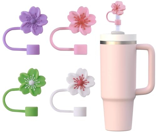 Aikeis Paquete de 5 fundas de pajita de flor de cerezo para vasos Stanley de 30-40 oz, 10 mm, accesorios de silicona, protector de pajita a prueba de polvo (púrpura, verde, rosa, blanco)