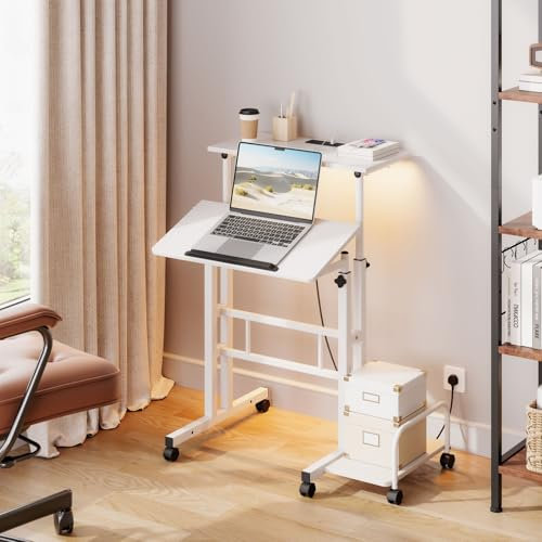 Dripex Standing Desk with Power Outlets & Strip Lights, Height Adjustable Rolling Desk with Tilting Table Top, Sit-Stand Workstation with Wheels, 60 x 60 cm, laptop Table