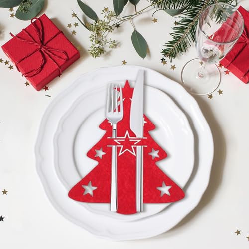 12 Stück Besteckhalter Weihnachten,Filz Bestecktasche Tischdeko Weihnachtsbaum Besteck Deko Bestecktaschen Tannenbaum Weihnachts Tisch Besteckbeutel Set,für Weihnachtstisch Cutlery Messer (Rot)