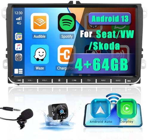 4+64G Autoradio Android 13 Carplay Wireless pour VW Golf 5 6 Polo Passat Jetta Seat Skoda, 9 Pouces Android Auto Poste Radio Voiture Bluetooth Ecran Voiture GPS WiFi Caméra de Recul