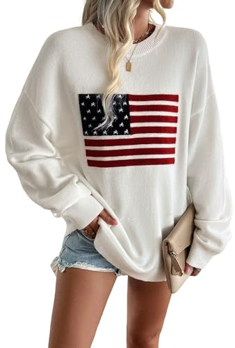 Canli4Y Damen Pullover USA Flagge Strickpullover Langarm Casual Loose Sweatshirt Elegant Jumpers Winter Pulli Warm Outwear Oberteile Weiß M