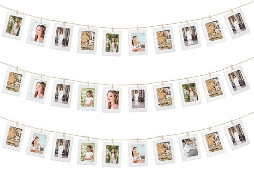 30 PCS Picture Hanging String, Photo Display Board Hanging Picture Frames with Wooden Clips and String 4 X 6 Inch Mini Pegs for Photos White Paper Picture Frames for Home,Office,Wedding,Party Decor