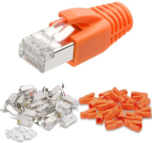AXFEE RJ45 Stecker Cat7, 20 Stück Netzwerkstecker, Lan Stecker für Verlegekabel, mit Knickschutz Orange & Einführhilfe, Unterstützung 1.35 mm-1.45mm, RJ45 Kupplung, Ethernet Kabel für CAT 7
