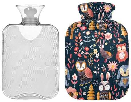 Bouillotte avec housse motif animaux mignons, chouette, ours, lapin, 2 litres, pour crampes menstruelles, soulagement des douleurs au cou et aux épaules, chauffe-mains et pieds