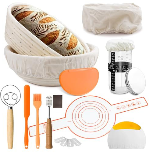 Kit Completo para Masa Madre,Cesta de Pan De Levadura De 2 Pcs Con Forro,Eslinga De Pan De Silicona,Tarro De Levadura,Amasadora,Cepillo De Silicona,Rascador de Cuenco,Juego Rascadores de Masa(A)