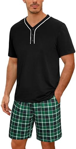 Demegimi Pyjama Court Homme Coton Ensemble de Pyjamas Homme Été Col Rond en Bouton Vêtements de Nuit Pyjama Short Homme Bas de Pyjama à Carreaux