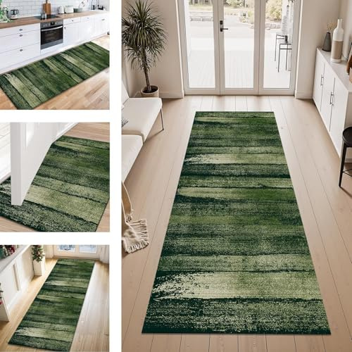 Teppich Läufer Flur Küche rutschfest Dunkelgrün 90X200CM Vintage Teppichläufer Kücheläufer Lang Waschbar Meterware Küchenteppich Flurteppich Läufer für Wohnraum Schlafzimmer Kinderzimmer Flurläufer