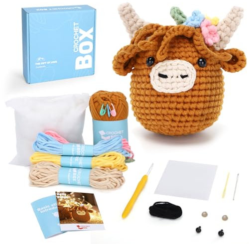 CrochetBox CROCHET BOX Komplettes Häkelset für Anfänger, Gelb-braun Schottisches Hochlandrind Häkelset, Video-Tutorial einbeziehen, Anleitung, Weiches Garn