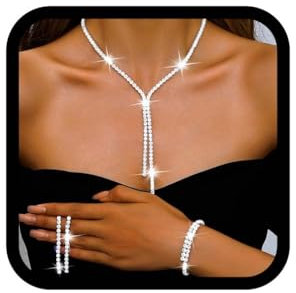 Reaky Brautschmuck-Set, silberne Strass-Ohrringe und Halskette, funkelnde Hochzeits-Halsketten-Sets, Abschlussball-Schmuck für Frauen (3er-Pack) (Silber)
