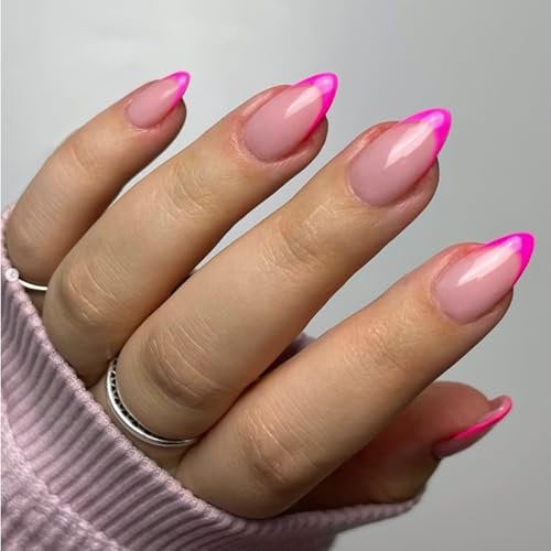 KQueenest 30 Pcs Hot Pink French Tip False Nails Short Medium Almond, French Tip False Nails Short Stiletto, Custom Thick Acrylic Fake Nails Set Natural Nude Gel Stick on Nail for Women Daily Wear