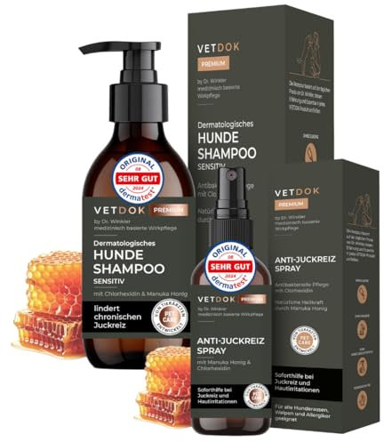 VETDOK® Dr. Winkler Dermatologisches Anti Juckreiz Set, Medizinisch basierte Wirkstoffe Chlorhexidin & Manuka Honig, Hundeshampoo 250ml und Anti Juckreiz Spray 75ml vom Tierarzt entwickelt