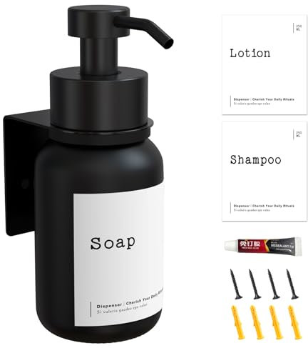 TEHEO Seifenspender Glas 250ml, Seifenspender Wandbefestigung Schwarz, Seifenspender Ohne Bohren Wandmontage, Seifenspender Klebend, Flüssigseifenspender für Handseife, Shampoo, Duschgel