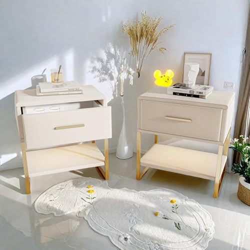 Nachttisch 2er set 49x29x47cm, Kleiner Nachtschrank mit 2 Schublade, Nachttisch Modernes Design mit Goldene Griffe und Schrankbeine,Bett Kommode für Schlafzimmer,Wohnzimmer (Weiß-Samt, 1 Schubladen)