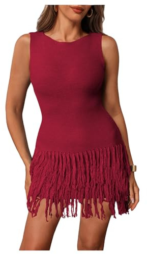 winkbay Women's Fringe Sleeveless Mini Dress Crew Neck Bodycon Knit Party Club Dresses Maroon Large