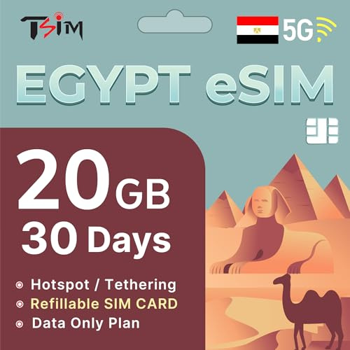 Ägypten eSIM 30 Tage | 20GB Hochgeschwindigkeitsdaten | eSIM innerhalb von 24 Stunden | Hotspot/Tethering aktiviert | Wiederaufladbare eSIM | Nur Datentarif.