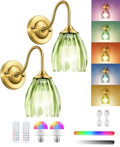 LumaBrite Lot de 2 appliques murales vintage à piles rechargeables sans fil avec télécommande, 12 RVB et 3 températures de couleur, abat-jour en verre vert
