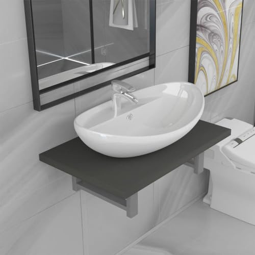 Bucmath 2-TLG. Badmöbel-Set Keramik Grau, Wandregal mit ovalem Aufsatzwaschbecken, 60x40x16,3 cm, schwimmende Waschtisch-Kombination für Badezimmer, Waschküche, Schminkraum