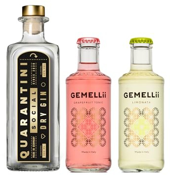 Quarantini Dry Gin (500 ml) inkl. 2x Gemellii Mischgetränk | Schwarzer Premium Gin 42% Vol. mit hochwertigen, fruchtigen Botanicals Papaya & Bergamotte | Limonata & Grapefruit (je 200 ml)