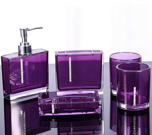 Solinder Purple Acrylic Bathroom Accessories Set, Emulsion Bottle, Tooth Brush Holder, Soap Dish, Gargle Cup, Perfect for Master/Master/Guest Bathroom, Hotels, and Restaurants, E