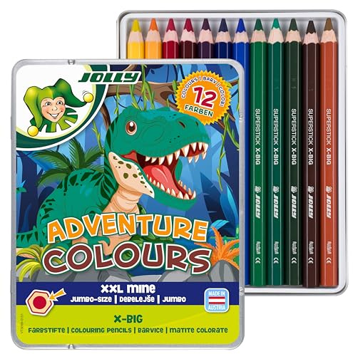 JOLLY X-Big Adventure Colours Buntstifte 12er Set – Extra Dicke Kinderbuntstifte mit XXL-Mine 6,4 mm, bruchsicher, hohe Farbintensität, inkl. Dino-Sticker, für Malanfänger
