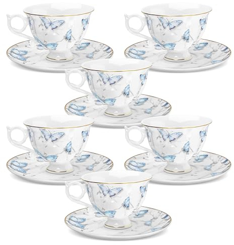 fanquare Conjuntos de Taza y Platillo de Porcelana Fina 180ml Azul claro,Juegos de 6 Tazas de Café con Patrón Mariposa Vintage y Borde Dorado para Té de la Tarde Regalo y Hogar