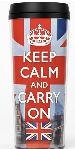 Keep Calm and Carry On Travel Mug, Union Jack Design, Insulated Tumbler with Lid