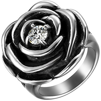 JewelryWe Bijoux Bague Femme Rétro Rose Appariement Pierre Zircon Anneau de Mariage Fiançailles Alliance Acier Inoxydable Couleur Noir Argent Taille 51.5 avec Sac Cadeau