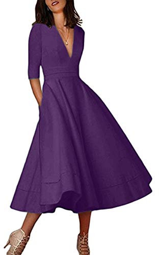 ORANDESIGNE Donna Vestiti Lunghi da Matrimonio Elegante Collo V Vestito A Pieghe Skater Cocktail Abito Maniche 3/4 Maxi Damigella Sera Cerimonia Primavera Viola 46