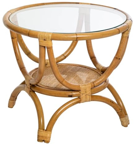 Table d'appoint en Rotin et Verre trempé D 59 cm - Atmosphera