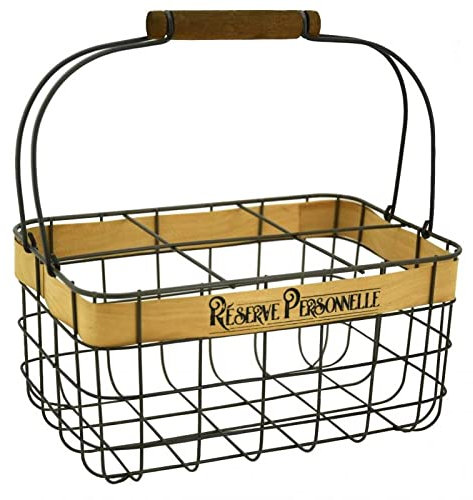 Cesta portabotellas de metal y madera, 6 botellas