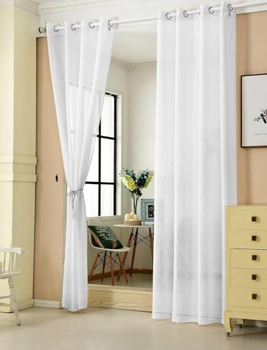 WOLTU 2er Set Gardinen transparent mit Ösen Leinenoptik Vorhang Ösenschal Halbtransparent Stores Voile Fensterschal Deko Leinenvorhang für Wohnzimmer Kinderzimmer Schlafzimmer, 140x145 cm Weiß