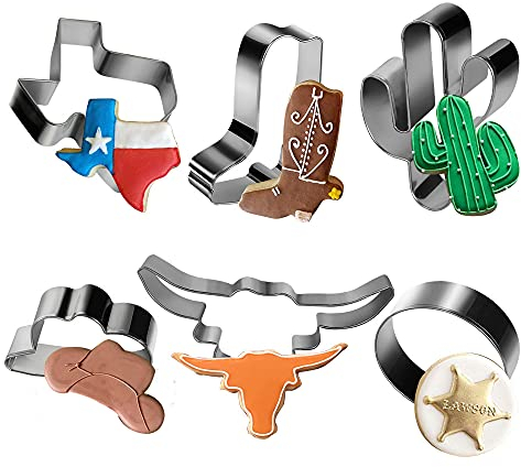Aoerfes Western-Ausstechformen, 6-teiliges Texas-Ausstechformen-Set, Cowboyhut, Longhorn, Cowboy-Stiefel, Kaktus, runde Edelstahl-Formen für Partys, Muffins, Kuchen, Fondant, Pfannkuchen, Sandwiches