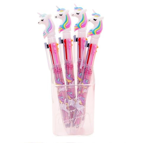 TX 4 Sticks Set de stylos à bille, 6 couleurs en un, avec motif licorne pour filles, cadeau d'école, stylos colorés, cadeau d'anniversaire