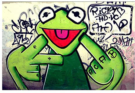 Guying Art Gemälde auf Leinwand Straße Graffiti Kunst Frosch Kermit Finger Poster und Drucke Wandkunst Bilder Wohnzimmer Dekor 40x70cm Rahmenlos