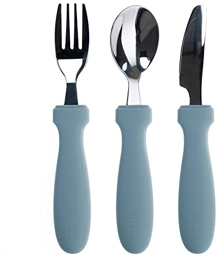 OLGS Silikon Besteck Edelstahl Kinderbesteck 3-teilig | Esslernbesteck, Babybesteck, Babylöffel Baby Gabel Löffel Esslernlöffel Ether | Lernlöffel, Babygabel Kindergeschirr Fütterungslöffel für Kinder