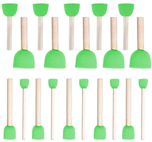 WAFJAMF 20 Pcs Round Sponge Paint Brush Set Wooden Handle Green | Assorted size foam stipplers daubers for art stencilling, DIY crafting, pupil acrylic drawing